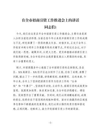 在全市招商引资工作推进会上的讲话（2）