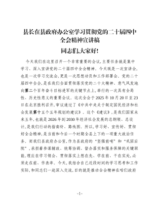 县长在县政府办公室学习贯彻党的二十届四中全会精神宣讲稿