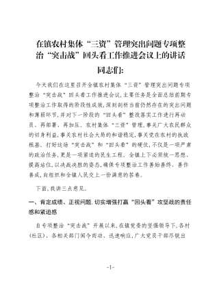 在镇农村集体“三资”管理突出问题专项整治“突击战”回头看工作推进会议上的讲话