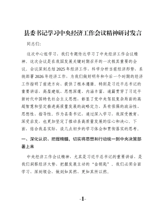 县委书记学习中央经济工作会议精神研讨发言