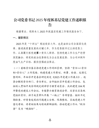 公司党委书记2025年度抓基层党建工作述职报告