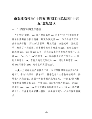 市农业农村局“十四五”时期工作总结和“十五五”意见建议