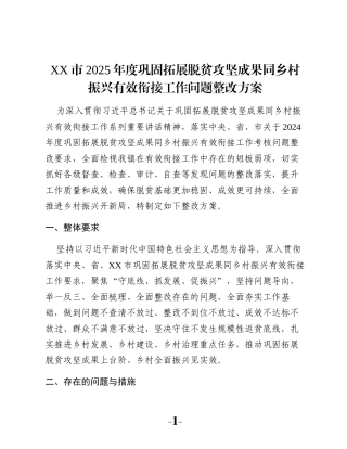 XX市2025年度巩固拓展脱贫攻坚成果同乡村振兴有效衔接工作问题整改方案