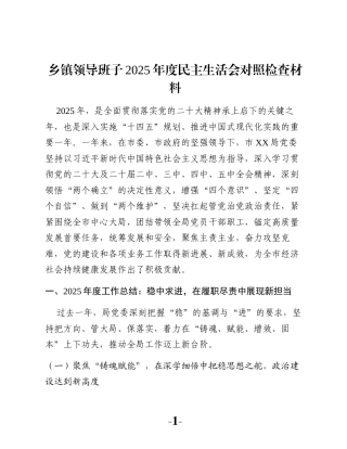 乡镇领导班子2025年度民主生活会对照检查材料