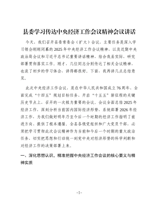 县委学习传达中央经济工作会议精神会议讲话