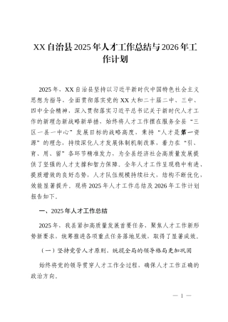 XX自治县2025年人才工作总结与2026年工作计划