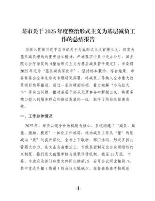 某市关于2025年度整治形式主义为基层减负工作的总结报告