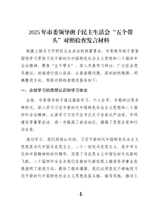 2025年市委领导班子民主生活会“五个带头”对照检查发言材料
