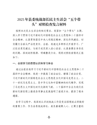 2025年县委统战部长民主生活会“五个带头”对照检查发言材料