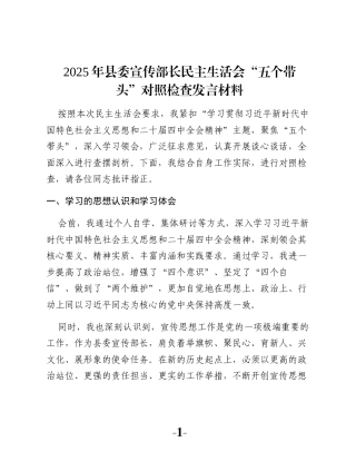 2025年县委宣传部长民主生活会“五个带头”对照检查发言材料