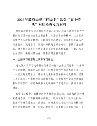 2025年政府办副主任民主生活会“五个带头”对照检查发言材料