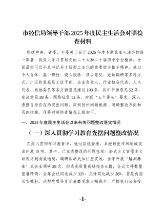 市经信局领导干部 2025年度民主生活会对照检查材料
