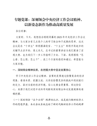 专题党课：深刻领会中央经济工作会议精神，以新姿态新作为推动高质量发展