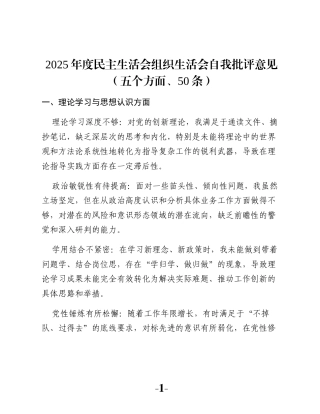 2025年度民主生活会组织生活会自我批评意见（五个方面、50条）
