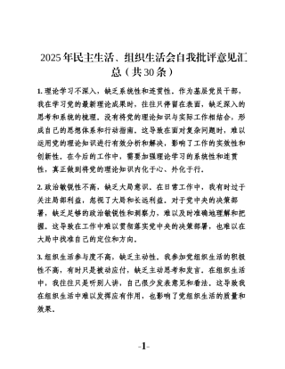 2025年民主生活、组织生活会自我批评意见汇总（共30条）