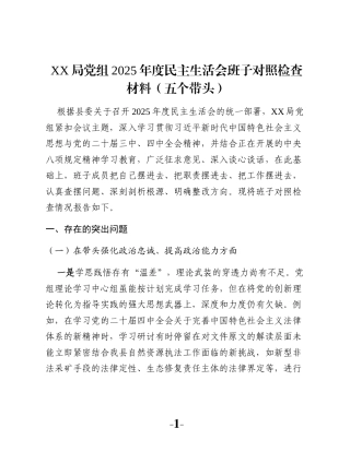 XX局党组2025年度民主生活会班子对照检查材料（五个带头）