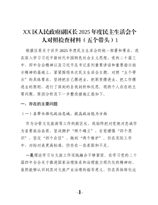 XX区人民政府副区长2025年度民主生活会个人对照检查材料（五个带头）1