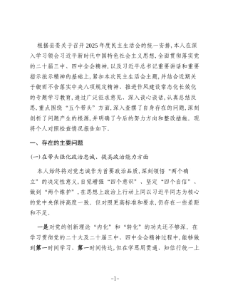 XX县委常委、统战部长2025年度民主生活会个人对照检查材料（五个带头）