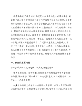 XX县委宣传部长2025年度民主生活会个人对照检查材料（五个带头）