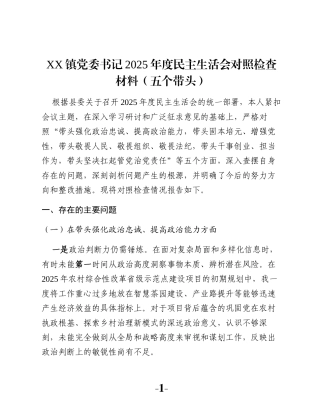 XX镇党委书记2025年度民主生活会对照检查材料（五个带头）