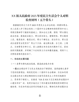 XX镇人民政府2025年度民主生活会个人对照检查材料（五个带头）