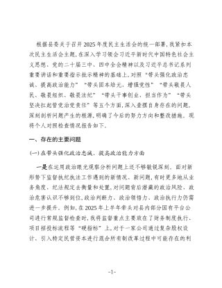 县纪委书记2025年度民主生活会个人对照检查材料（五个带头）