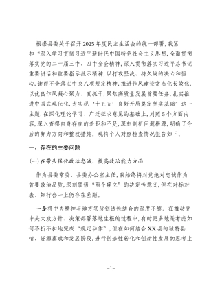 县委办公室主任2025年度民主生活会个人对照检查材料（五个带头）