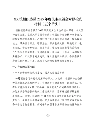 XX镇组织委员2025年度民主生活会对照检查材料（五个带头）