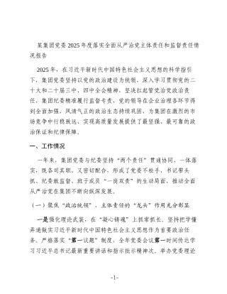 公司2025年度落实全面从严治党主体责任和监督责任情况总结报告