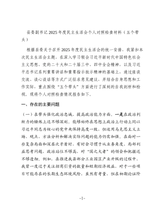 县委副书记2025年度民主生活会个人对照检查材料（五个带头）