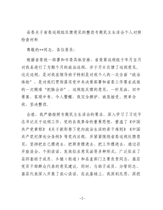 县委关于省委巡视组反馈意见的整改专题民主生活会个人对照检查材料