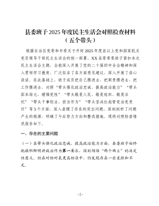 县委班子2025年度民主生活会对照检查材料（五个带头）