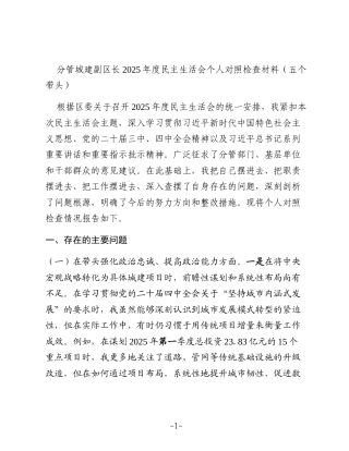 分管城建副区长2025年度民主生活会个人对照检查材料（五个带头）