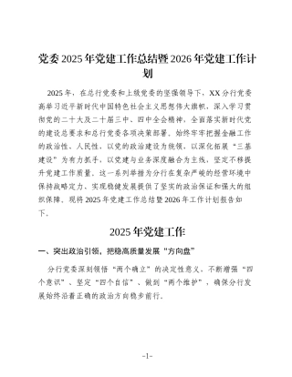 党委2025年党建工作总结暨2026年党建工作计划