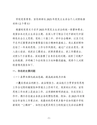 学校党委常委、宣传部部长2025年度民主生活会个人对照检查材料(五个带头)