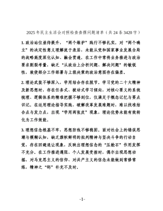 2025年民主生活会对照检查查摆问题清单（共24条3420字）