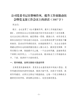 国企党委书记在整顿作风、提升工作效能动员会暨党支部工作会议上的讲话