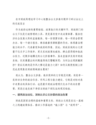 在市财政局理论学习中心组整治公文抄袭专题学习研讨会议上的交流发言（2）