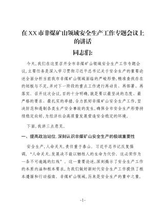 在XX市非煤矿山领域安全生产工作专题会议上的讲话