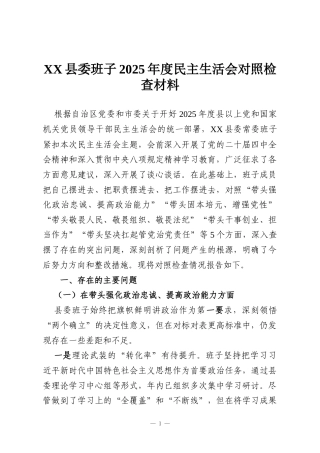 XX县委班子2025年度民主生活会对照检查材料