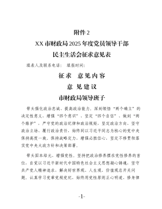 XX局2025年度党员领导干部民主生活会征求意见表
