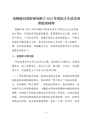 市财政局领导班子2025年度民主生活会对照检查