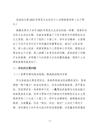 县政协主席2025年度民主生活会个人对照检查材料