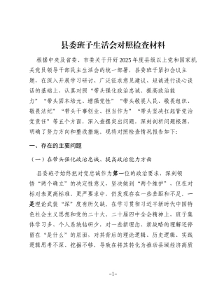 县委领导班子2025年度民主生活会对照检查2