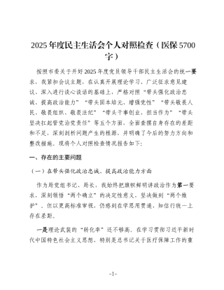 2025年度民主生活会个人对照检查（医保5700字）