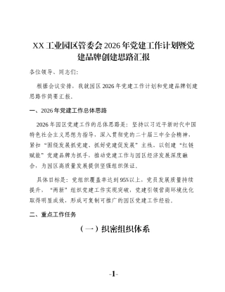 XX工业园区管委会2026年党建工作计划暨党建品牌创建思路汇报