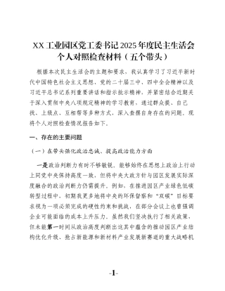 XX工业园区党工委书记2025年度民主生活会个人对照检查材料（五个带头）