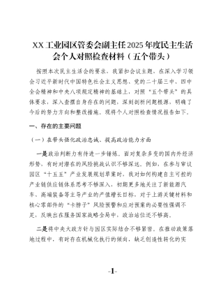 XX工业园区管委会副主任2025年度民主生活会个人对照检查材料（五个带头）