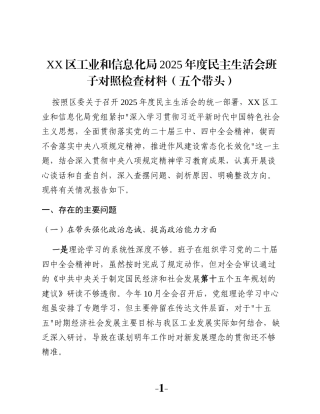 XX区工业和信息化局2025年度民主生活会班子对照检查材料（五个带头）