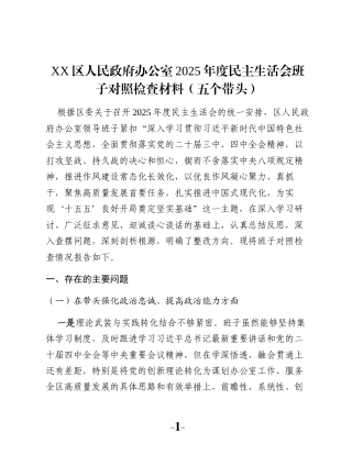 XX区人民政府办公室2025年度民主生活会班子对照检查材料（五个带头）